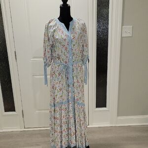 Cactus + Pearl Floral Maxi Dress with Light Blue Trim